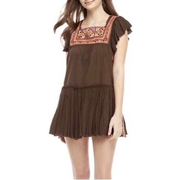 Free People Day Glow Mini Dress Size Small Boho Embroidered Raw Edge Open Back - Picture 1 of 16